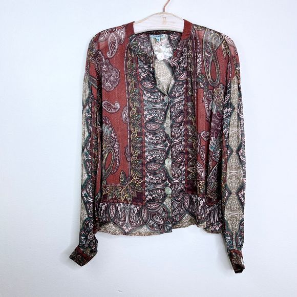 Nostalgia Womens Long Sleeve Sheer Top Medium Fall Burgundy Bohemian Boho Blouse - Picture 1 of 6